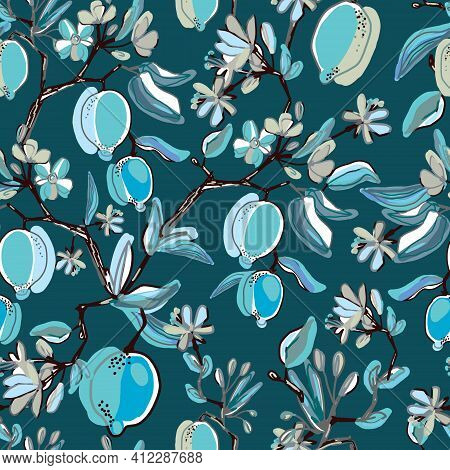Lemons Blooming Branches Seamless Pattern. Beautiful Floral Background. Botanical Citrus Plants On B