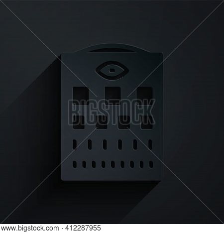 Paper Cut Eye Test Chart Icon Isolated On Black Background. Poster For Vision Testing In Ophthalmic 