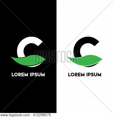 Alphabet C With Green Leaf, A Modern Brand Identity. Complete Set Of Alphabets.