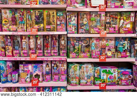 Dolls On The Shelves In The Store. Large Selection Of Toys For Children. Minsk, Belarus - March 2021
