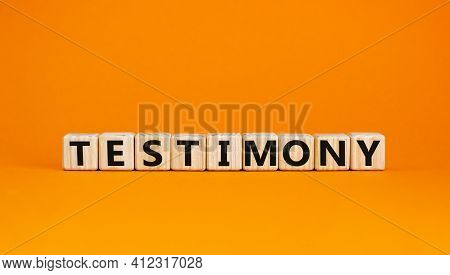 Testimony Symbol. Wooden Cubes With The Word 'testimony'. Beautiful Orange Background. Business, Tes