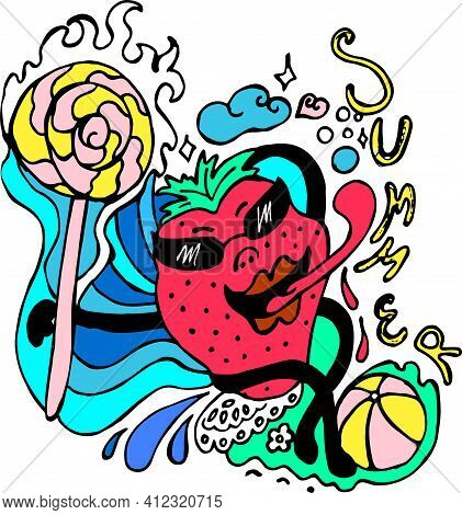 Vector Summer Holiday Illustration With Strawberry,caramel , Sea. Background In Stile Doodle For Ban