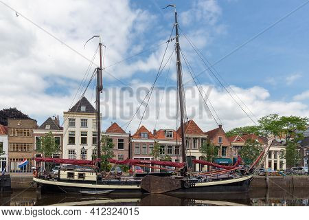 Zwolle, The Netherlands - May 30 2014: Cityscape Dutch Medieval City Zwolle With Canal And Old Moore