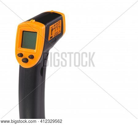 Yellow-black Pyrometer Isolated On White Background. A Device For Non-contact Temperature Measuremen