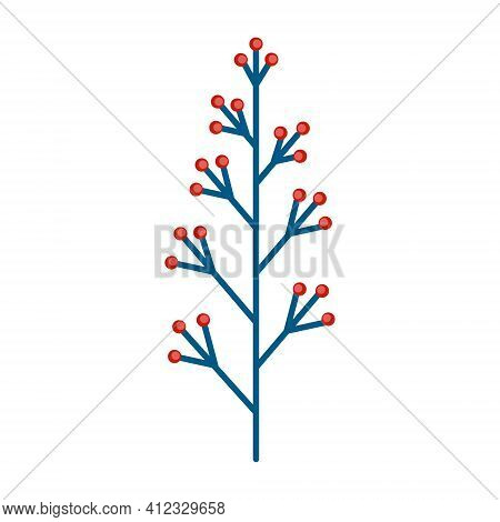 Simple Minimalistic Blue-green Branch With Red Berries. Floral Collection Of Elegant Plants For Seas