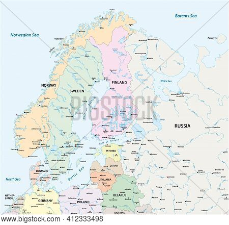 Vector Map Of Northern Europe With The Most Important Cities And Bodies Of Water