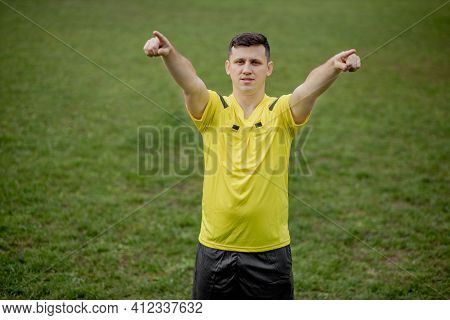 Referee Goes Watching Var Or Violation Of The Rules. Concept Of Sport, Rules Violation, Offside