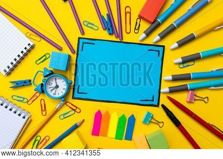 Banner Concept Back To School Alarm Clock Color Chalk Pencil Apple Notebook Stationery On Green Supp
