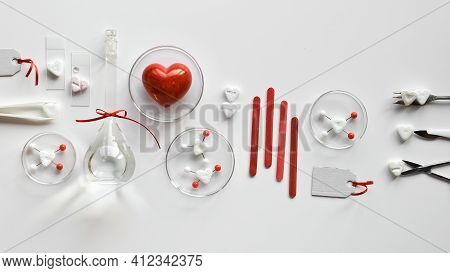 Chemistry Of Love. Creative Flat Lay On White Paper. Top View With Chemical Glassware, Petri Dishes,