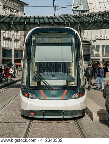 Strasbourg, France - Feb 23, 2019: Strasbourg Public Transportation Front View System Tramway With P