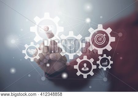 Business Process Management And Workflow Automation Diagram With Gears And Icons With Connection Lin