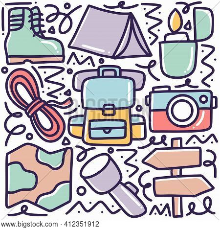 Doodle Set Of Camp Tools Hand Drawing With Icons And Design Elements
