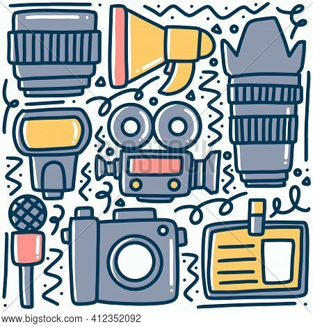 Hand Drawn Various Equipment Multimedia Doodle Set With Icons And Design Elements