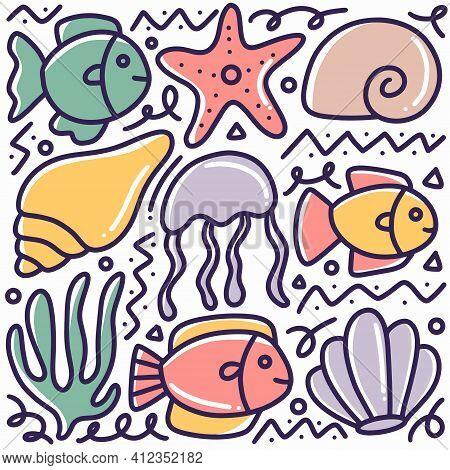 Hand Drawn Sea Animal And Seaweed Doodle With Icons And Design Elements