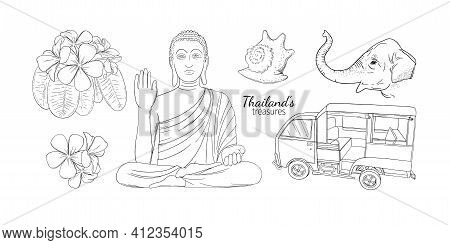 Thailand Vacation Symbols With Elephant, Seashells, Flowers And Buddah. Engraved Illustration For Th