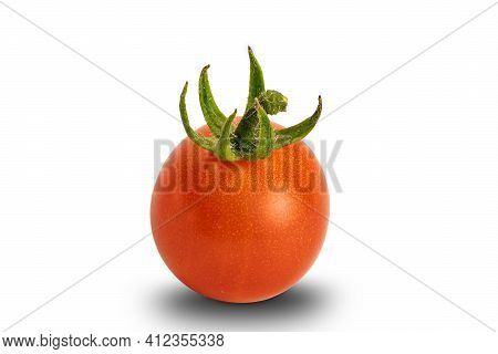 Side View Of Single Freshly Harvested Red, Ripe, Juicy Tomato Isolated On White Background With Clip