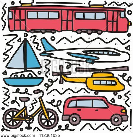 Doodle Set Of Transportation Hand Drawing With Icons And Design Elements
