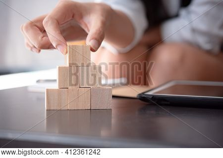 Hand Arranging Wood Cube Stacking. Business Concept Growth Success,hand Stack Woods Block Step On Ta
