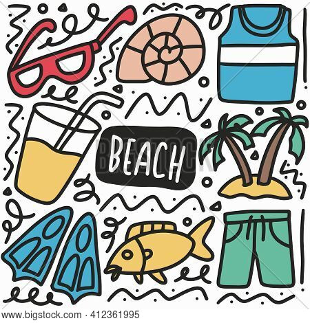 Hand Drawn Beach Doodle Set With Icons And Design Elements