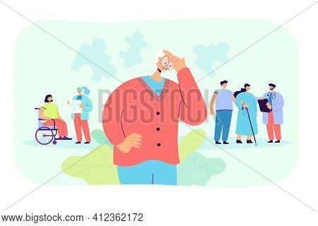 Patients With Alzheimers Disease. Confused Old Man Lost In Thoughts, Connecting Puzzles In His Mind.
