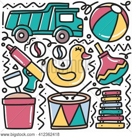 Hand Drawn Doodle Beach Toy Kids With Icons And Design Elements