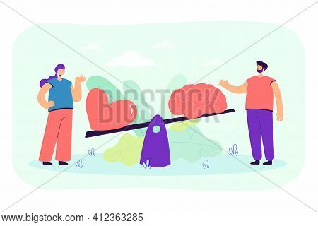 Two People Comparing Logic And Love With Seesaw Isolated Flat Vector Illustration. Cartoon Creative 