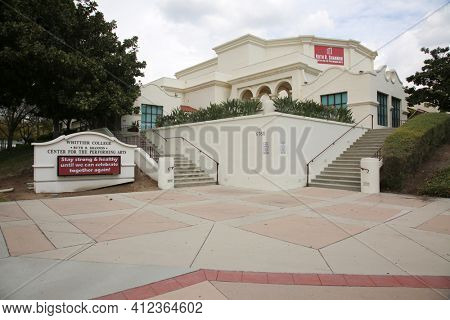 March 12, 2021 - Whittier, California: Whittier College. Center for the Performing Arts Building. Closed due to Coronavirus Pandemic. Editorial Use Only. 
