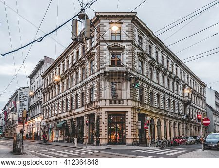 Vienna, Austria - Feb 7, 2020: Building Facade In City Center In Early Morning In Winter