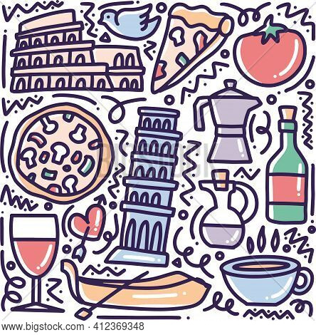 Doodle Set Of Italy Holidays Hand Drawing With Icons And Design Elements