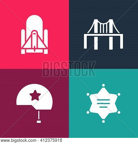 Set Pop Art Hexagram Sheriff, Military Helmet, Golden Gate Bridge And Rocket Launch From The Spacepo