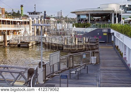 Brisbane, Queensland, Australia - March 2021: Showboat Cruise Docked At River Wharf