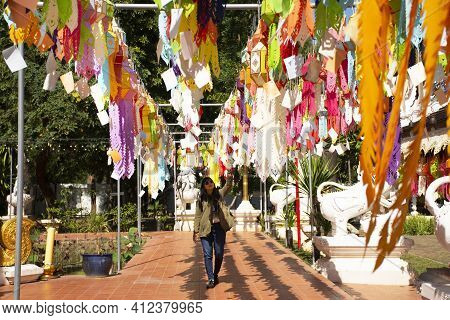 Travelers Thai Women People Travel Visit Multicolor Colorful Paper Lamp Traditional Lanna Style Yee
