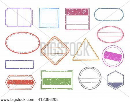 Grunge Stamp. Blank Geometric Stamps. Ink Imprints Set With Copy Space. Round, Square Or Triangular 