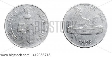 India Fifty Paise Coin On White Isolated Background