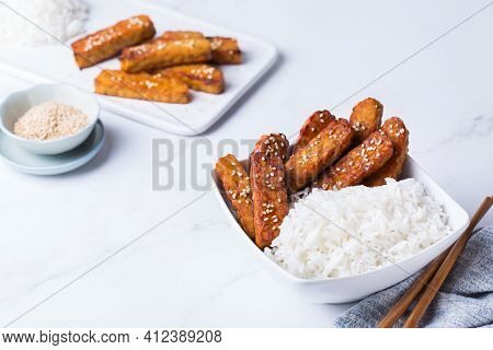 Fried Teriyaki Tempeh, Tempe, Fermented Postbiotics Food From Soybeans