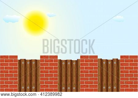Wooden Fence Against The Sky. Rural Wooden Fence With Pillars Of Bricks And Sky With Sun And Clouds.