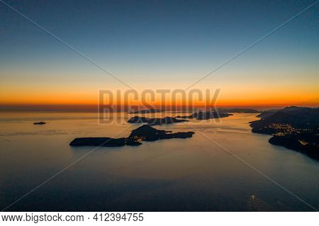 Aerial Drone Shot Of Post Sunset Over Adriatic Sea View From Babin Kuk Hill In Dubrovnik Croatia Sum