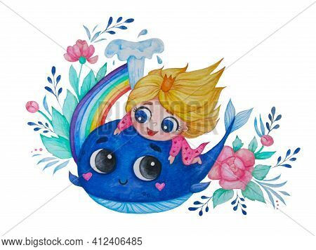 Happy Cute Little Girl Princess And Blue Whale On A Background Of Rainbow And Flowers. Childrens Col