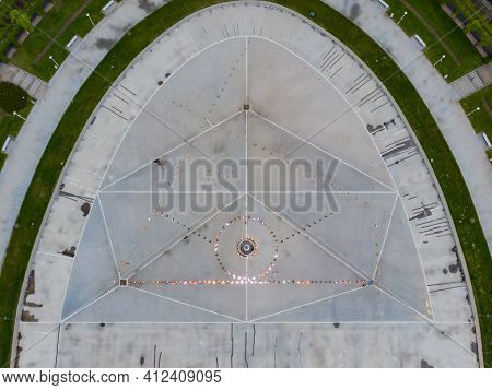 Wroclaw, Poland - May 13 2020: Aerial Drone Top Down View To Big Fountain With Colorful Lights Near 