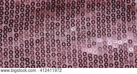 Fabric Pink Background With Shiny Sequins Forming A Repeating Pattern, Sparkling Design For A Party 
