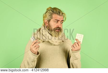 Sick Man With Vitamin Pill. Healthcare And Health Aid. Vitamin In Tablets. Coronavirus From China. M