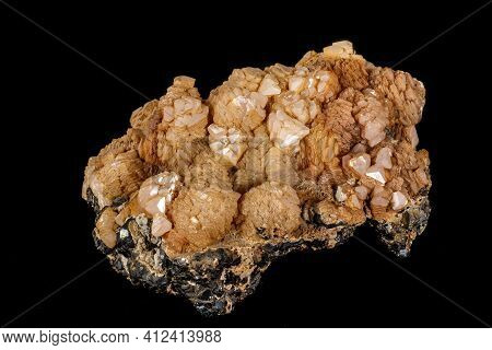 Macro Calcite Mineral Stone On Sphalerite Black Background Close Up