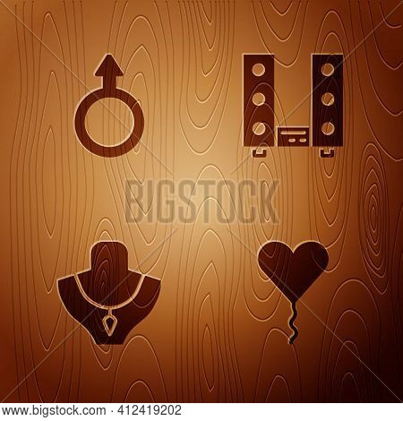 Set Balloon In Form Of Heart, Male Gender Symbol, Necklace Mannequin And Home Stereo With Two Speake