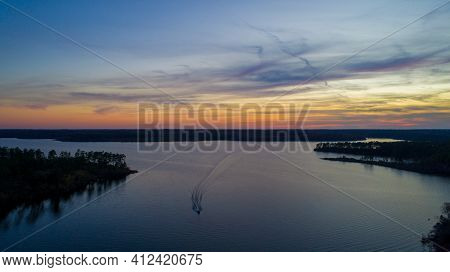 Aerial View Of Big Creek Lake In Semmes, Alabama At Sunset
