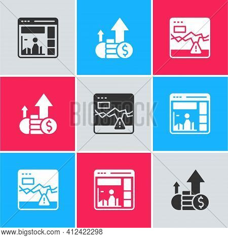 Set Website With Growth Graph, Financial And Coin And Failure Stocks Market Icon. Vector