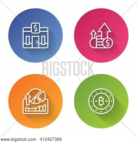 Set Line Bank Building, Financial Growth And Coin, Stocks Market Graphs And Bitcoin. Color Circle Bu