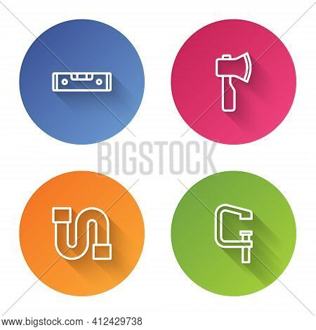 Set Line Construction Bubble Level, Wooden Axe, Industry Pipe And Clamp And Screw Tool. Color Circle