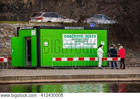Prague, Czech Republic - March 12, 2021. Sampling Point In Container On The Riverbank Of Moldau With