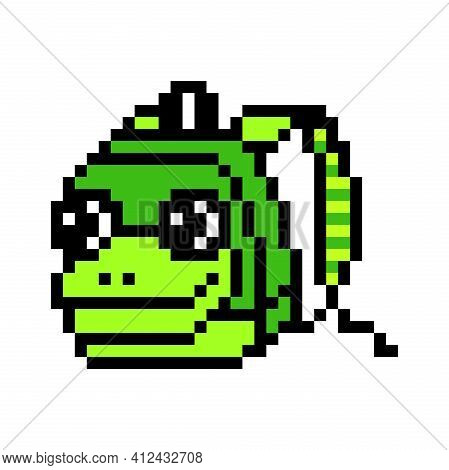 Pixel Art Kids' Plush Green Frog Backpack. 8 Bit Animal School Bag Icon Isolated On White Background