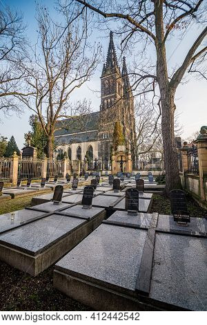 Prague, Czech Republic - February 24, 2021. The Non-public Cemetery Of The Nuns As A Part Of Vysehra